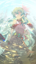 1girl absurdres blue_eyes breasts closed_mouth cowboy_shot dress green_hair highres holding_hands long_hair nia_teppelin omurice_(304975636) pink_dress pink_pupils smile solo_focus tengen_toppa_gurren_lagann