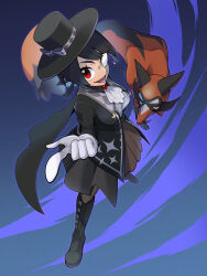 1girl :d argyle_bow argyle_clothes ascot black_cape black_dress black_footwear black_hair black_headwear black_jacket black_pantyhose black_ribbon boots bow breasts cape dress from_above full_body gem gen_8_pokemon gloves hair_ribbon hat hat_bow hat_ribbon highres index_finger_raised jacket large_breasts looking_at_viewer lower_teeth_only monocle nintendo official_alternate_costume opaque_monocle open_mouth pantyhose pointing pointing_at_viewer pokemon pokemon_(creature) pokemon_masters_ex red_eyes red_gemstone ribbon short_hair smile standing star_(symbol) star_print teeth thievul white_ascot white_gloves yuro_(mangasukinoyuro) zinnia_(pokemon) zinnia_(special_costume)_(pokemon)