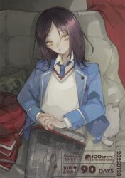 1boy badge black_hair blazer blue_jacket blue_necktie book book_stack button_badge closed_mouth collared_shirt copyright_name copyright_notice couch countdown cowboy_shot cushion dated ensemble_stars! from_above grey_pants hair_between_eyes head_tilt indoors jacket kurone_hitsugi lapels long_sleeves looking_at_viewer looking_up lying male_focus medium_hair necktie nekosuke_(oxo) notched_lapels official_art on_back on_couch open_clothes open_collar open_jacket own_hands_together pale_skin pants parted_bangs school_uniform shirt solo stuffed_animal stuffed_cat stuffed_toy sweater tassel v-neck white_shirt white_sweater yellow_eyes yumenosaki_school_uniform