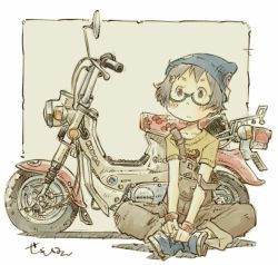 1girl blue_footwear brown_eyes brown_hair crossed_legs highres honda knit_hat motor_vehicle motorcycle original overalls sekihan semi-rimless_eyewear shirt shoes short_hair sitting t-shirt under-rim_eyewear