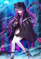 Rule 34 | 1girl, animal hood, armored boots, armored gloves, belt buckle, belt collar, black (artist), black boots, black cape, black gloves, blue background, boots, bow, braid, buckle, cape, cat hood, chain, closed mouth, collar, elbow gloves, expressionless, fate/grand order, fate (series), floating hair, foot out of frame, full moon, gloves, grey boots, hair bow, harpe (fate/grand order), holding, holding scythe, holding weapon, hood, hood up, hooded cape, knees together feet apart, long hair, long sidelocks, looking down, medusa (fate), medusa (lancer) (fate), moon, official art, outstretched arm, purple eyes, purple hair, red bow, red collar, rider, ruins, scythe, sidelocks, single braid, solo, thighhighs, third-party source, torn cape, torn clothes, variant set, very long hair, weapon, white thighhighs