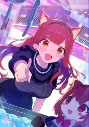 Rule 34 | 1girl, absurdres, animal ear fluff, animal ears, arcade, black dress, blush, bow, breasts, collar, crane game, dress, dutch angle, earrings, frilled collar, frills, from inside, hair ornament, hairclip, high-waist skirt, highres, jewelry, large breasts, long hair, narrow waist, necklace, nijisanji, nishinoda, open mouth, orange hair, pearl necklace, piercing, pointing, pov, ratna petit, red bow, red eyes, red hair, red panda ears, red panda girl, school uniform, signature, skirt, smile, stuffed toy, virtual youtuber