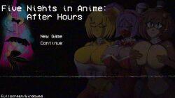 3girls animal_ears black_background black_bow black_bowtie black_skirt black_thighhighs blonde_hair blue_eyes bonnie_(fnaf) bow bowtie breasts brown_hair chica cleavage closed_eyes colored_skin commentary completely_nude covering_breasts covering_privates crop_top elbow_gloves english_commentary english_text five_nights_at_freddy&#039;s five_nights_in_anime:_after_hours_(fangame) five_nights_in_anime_(fangame) freckles_on_breasts freddy_fazbear frills furry furry_female game_screenshot gloves hairband hands_on_own_chest hat highres huge_breasts large_breasts leotard looking_at_viewer midriff mini_hat mini_top_hat multiple_girls navel non-web_source nude orange_pants pants pink_thong playboy_bunny ponytail purple_hair red_bow red_bowtie red_gloves red_hairband red_leotard screencap shiny_skin short_hair short_shorts shorts simple_background skirt smile static strapless strapless_leotard thighhighs thong title top_hat unzipped video_game white_gloves