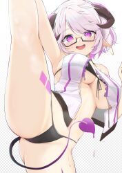 1girl absurdres black_panties breasts cleavage cloudhorizon_studios colored_inner_hair curled_horns earrings fourierkaeru highres hoop_earrings horns jewelry jiaolian_caren large_breasts leg_tattoo looking_at_viewer multicolored_hair open_clothes open_mouth open_shirt panties pointy_ears purple_eyes semi-rimless_eyewear single_earrring solo split standing standing_on_one_leg standing_split tail tattoo teeth under-rim_eyewear underwear upper_teeth_only virtual_youtuber white_hair zipper_top