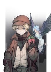 1boy 1girl absurdres apple barefoot black_gloves blonde_hair blue_eyes blue_hair brown_coat closed_mouth coat cuneigh_the_wanderer dress feathered_wings flying food frilled_dress frills fruit gloves hair_between_eyes hat highres holding holding_food holding_fruit hongcai_rainbow ishura kuuro_the_cautious open_mouth pillarboxed rain smile vest white_background white_dress white_vest wings