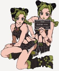 1girl bare_shoulders black_boots black_hair black_skirt black_tank_top boots braid breasts bun_with_braided_base butterfly_tattoo character_name cone_hair_bun curtained_hair double_bun eyes_visible_through_hair fu_r_y green_boots green_eyes green_hair green_lips hair_bun hand_on_own_hip highres holding holding_sign jojo_no_kimyou_na_bouken kneeling kuujou_jolyne lipstick makeup miniskirt multicolored_hair navel parted_bangs revealing_clothes side_slit sign simple_background skirt small_breasts spider_web_print stone_ocean tank_top tattoo thighs two-tone_hair white_background