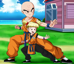 Rule 34 | 1boy, 1girl, absurdres, bald, bald male, black eyes, blonde hair, cloud, cloudy sky, dragon ball, father and daughter, fighting stance, happy, highres, kuririn, marron (dragon ball), martial arts, muscular, muscular male, serious, sky, smile, train, training