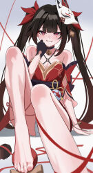 1girl barefoot black_hair blush feet grin highres honkai:_star_rail honkai_(series) long_hair looking_at_viewer panties pantyshot parted_lips red_eyes smile sparkle_(honkai:_star_rail) toes twintails underwear wesly2300