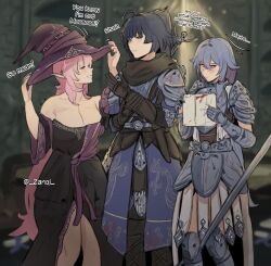 Rule 34 | 3girls, absurdres, armor, armored boots, armored dress, armored gloves, black dress, black gloves, blue surcoat, boots, breasts, cleavage, commentary, dress, elden ring, elden ring nightreign, elf, elysia (honkai impact), english commentary, english text, fu hua, gloves, grey hair, hat, highres, holding, holding paper, honkai (series), honkai impact 3rd, large breasts, long hair, multiple girls, paper, pointy ears, ponytail, purple eyes, purple hair, raiden mei, shoulder armor, sleepy kaslana, sword, twitter username, very long hair, weapon, witch hat