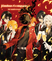 1other 2boys 3girls absurdres alcohol anniversary black_hair black_jacket black_pants black_vest blonde_hair champagne champagne_flute clock coat collared_shirt cup dante_(limbus_company) don_quixote_(project_moon) dress_shirt drinking_glass faust_(project_moon) flaming_head formal_clothes heterochromia highres hong_lu_(project_moon) ishmael_(project_moon) jacket lapels limbus_company long_sleeves minasemochii multiple_boys multiple_girls necktie object_head orange_hair pants project_moon red_background red_coat red_necktie shirt suit vest white_hair white_shirt yi_sang_(project_moon)