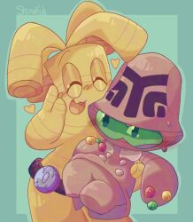 Rule 34 | alien, beheeyem, carrying, carrying person, gen 5 pokemon, gholdengo, gold, heart, highres, nintendo, pokemon, shiirafish, sweatdrop