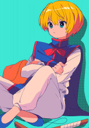 1boy blue_background blue_skirt closed_mouth highres hunter_x_hunter kurapika male_focus red_eyes sanamaru_(sana79261827) shirt sitting skirt solo white_shirt