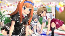 3girls :d akasaka_miyuki balancing balloon black_dress black_skirt blue_bow blue_bowtie blue_eyes blue_hairband blue_skirt bow bow_hairband bowtie brown_eyes brown_hair collared_shirt couch diagonal-striped_bow diagonal-striped_bowtie diagonal-striped_clothes dress frilled_dress frills game_cg grey_hair hair_between_eyes hair_bow hair_intakes hairband highres higurashi_no_naku_koro_ni higurashi_no_naku_koro_ni_mei houtani_nao indoors kimiyoshi_kazuho kneehighs knees_up lens_flare long_hair looking_at_another looking_down miniskirt multiple_girls neckerchief no_shoes non-web_source official_art one_side_up open_mouth orange_hair plant pleated_skirt potted_plant purple_eyes red_neckerchief red_skirt school_uniform shirt short_hair short_sleeves sitting skirt smile socks sparkle star_(symbol) string_of_flags striped_clothes summer_uniform twister wavy_mouth white_shirt white_socks