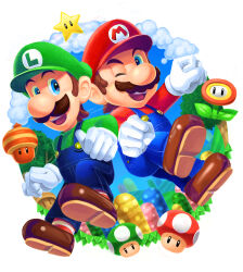 1-up_mushroom 2boys :d arm_up artist_name blue_eyes blue_overalls blue_pants blue_sky brothers brown_footwear brown_hair buttons cloud day facial_hair fire_flower flower full_body gloves green_headwear green_shirt hat highres hill long_sleeves looking_at_another luigi male_focus mario mario_(series) multiple_boys mushroom mustache new_super_mario_bros._u_deluxe nintendo one_eye_closed open_mouth overalls pants red_headwear red_shirt red_socks shirt shoes short_hair siblings sideways_glance sky smile socks striped_clothes striped_socks super_acorn super_mushroom super_star_(mario) teeth tree twitter_username upper_teeth_only white_background white_gloves yuuma_rimi