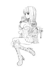 1girl arima_natsubon boots breasts brown_boots cape closed_mouth commentary_request creator_(ragnarok_online) dress full_body fur-trimmed_boots fur_trim gloves greyscale holding holding_vial invisible_chair large_breasts long_hair looking_at_viewer monochrome plunging_neckline potion ragnarok_online short_dress simple_background sitting sketch smile solo vial