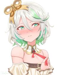 1girl ascot blush cecilia_immergreen cecilia_immergreen_(1st_costume) closed_mouth corset detached_collar doll_joints gradient_hair green_corset green_eyes green_hair highres hololive hololive_english joints multicolored_hair red_ascot shiroyumin shirt simple_background solo virtual_youtuber white_background white_shirt