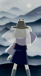 1girl andonkurage blonde_hair brown_hat fog hand_on_headwear hat long_sleeves moriya_suwako mountainous_horizon purple_vest solo touhou veil vest white_sleeves