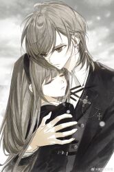 2000s_(style) absurdres couple ear_piercing earrings fengguai hairband highres hug jewelry long_hair original piercing shirt