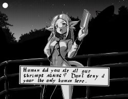 Rule 34 | 1girl, alien, breasts, character request, dialogue box, english text, forehead, forest, full moon, greyscale, high collar, highres, holding, holding tray, long hair, long sleeves, long tail, looking at viewer, medium breasts, momoiro (momoiro tosagare), monochrome, moon, nature, navel, night, night sky, open mouth, outdoors, pointy ears, radio antenna, railing, science fiction, sky, solo, standing, star (sky), starry sky, tail, thick eyebrows, thighhighs, thighs, tray, voices of the void, whiskers