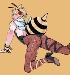 1boy alternate_costume arched_back ass backless_outfit bare_shoulders bee_costume bee_wings black_footwear black_leotard blonde_hair blue_eyes blush chocobobun cloud_strife crossdressing fake_antennae final_fantasy final_fantasy_vii final_fantasy_vii_remake fishnet_pantyhose fishnets flower foot_out_of_frame fur_collar hair_between_eyes hair_flower hair_ornament high_heels highres insect_wings leotard looking_at_viewer male_focus orange_background pantyhose pumps red_flower short_hair solo spiked_hair strapless strapless_leotard white_fur wrist_cuffs