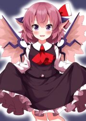 1girl :d animal_ears ascot black_skirt black_vest blush commentary cosplay cowboy_shot frilled_skirt frills hair_between_eyes hair_ribbon highres long_sleeves looking_at_viewer mystia_lorelei open_mouth pink_hair purple_eyes red_ascot red_ribbon ribbon rumia rumia_(cosplay) ruu_(tksymkw) shirt short_hair skirt skirt_hold smile solo standing touhou vest white_shirt wings
