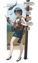 1girl absurdres aircraft alice_gear ar-18 artist_name assault_rifle black_gloves blue_eyes blue_hair blue_necktie blue_skirt breasts collared_shirt commentary earrings full_body gloves gun gun_sling handgun helicopter high_heels highres holding holding_phone holstered inset_border jewelry long_hair looking_at_viewer m1911 medium_hair naomi_kennedy necktie open_mouth pencil_skirt phone pouch puto_trash rifle road_sign satellite_phone shirt sign skirt sleeveless sleeveless_shirt smoke standing sweat teeth uh-1_iroquois unlit_cigarette_in_mouth we_love_cold_war weapon wet wet_clothes wet_shirt white_shirt
