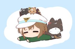1girl animal animal_on_head animalization black_pants blue_background brown_hair cat cheval_grand_(umamusume) chibi closed_eyes dog ears_through_headwear gomashio_(goma_feet) green_shirt hair_between_eyes hat kitasan_black_(umamusume) lying multicolored_hair on_head on_stomach pants peaked_cap satono_crown_(umamusume) satono_diamond_(umamusume) shirt streaked_hair sweat two-tone_background umamusume white_background white_hair white_hat