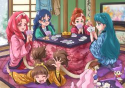5girls :d akagi_towa amanogawa_kirara aroma_(go!_princess_precure) bird black_hair blue_eyes blue_hair blunt_bangs bowl braid brown_hair card chocokin closed_eyes coat covering_own_mouth crown_braid dog floral_print flower food fruit fruit_bowl glasses go!_princess_precure green_eyes grey-framed_glasses hairband hanten_(clothes) happy haruno_haruka indoors jacket japanese_clothes kaidou_minami kotatsu kuroro_(go!_princess_precure) long_hair long_sleeves looking_at_another lying mandarin_orange miss_siamour multiple_girls nanase_yui no_shoes on_floor on_stomach open_mouth orange_(fruit) outstretched_arms pantyhose pink_hair playing_card playing_games pleated_skirt precure puff_(go!_princess_precure) red_eyes red_hair rug semi-rimless_eyewear short_hair shouji sitting skirt sleep_mask sliding_doors smile snowing star_(symbol) star_print table television thick_eyebrows tiara twin_braids twintails under-rim_eyewear under_kotatsu under_table unworn_coat yagasuri