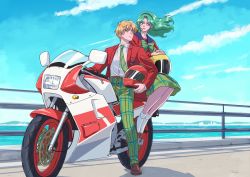 2girls aqua_hair bishoujo_senshi_sailor_moon bishoujo_senshi_sailor_moon_s blonde_hair bow cloud full_body headband helmet highres kaiou_michiru motor_vehicle motorcycle motorcycle_helmet mugen_gakuen_school_uniform multiple_girls ocean outdoors pants plaid_clothes plaid_pants plaid_skirt school_uniform short_hair sitting skirt sky striped_bow tasuku_(tasukurukuru) ten&#039;ou_haruka very_short_hair wheel