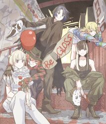 5girls a_nightmare_on_elm_street ahoge alternate_costume balloon bare_shoulders bent_over black_gloves black_hair black_hat black_pants black_shirt black_sweater blonde_hair blood blood_on_clothes blood_on_shoes blood_writing bloody_knife blue_eyes blue_hair blunt_bangs child&#039;s_play chucky chucky_(cosplay) claw_(weapon) closed_mouth clothes_writing clown commentary_request copyright_name cosplay fedora fortissimo freddy_krueger freddy_krueger_(cosplay) ghostface ghostface_(cosplay) gloves green_pants grey_hair hair_ornament halloween halloween_(movie) hat high_heels highres hiodoshi_ao holding holding_knife holding_mask hololive hololive_dev_is hood hood_up ichijou_ririka it_(stephen_king) jacket jacket_partially_removed juufuutei_raden knife long_hair long_sleeves looking_at_viewer mask michael_myers michael_myers_(cosplay) multicolored_hair multiple_girls musical_note musical_note_hair_ornament neck_ruff orange_eyes orange_hair otonose_kanade pants pennywise pennywise_(cosplay) red_sweater regloss_(hololive) scream_(movie) shirt shoes short_hair sitting sitting_on_stairs sleeveless sleeveless_shirt smile stairs standing standing_on_one_leg striped_clothes striped_sweater sweater tauyoshi728 todoroki_hajime two-tone_hair two_side_up weapon yellow_eyes