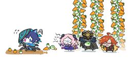 2boys 2girls ahoge animal_ears aqua_scarf bat_ears bat_wings biker_clothes bikesuit black_bodysuit black_coat black_gloves black_helm black_hood black_pants black_shirt blonde_hair blue_eyes bodysuit bottle brown-tinted_eyewear cabbage capitano_(genshin_impact) carrot chibi citlali_(genshin_impact) coat colored_inner_hair facial_mark farming feather_hair_ornament feathers fingerless_gloves floating_headgear food fur-trimmed_collar fur_collar fur_trim genshin_impact gloves gradient_hair grandmother_and_grandson hair_ornament hair_rings heterochromia hoe holding holding_bottle holding_hoe jitome long_hair looking_over_eyewear mavuika_(genshin_impact) multicolored_hair multiple_boys multiple_girls open_mouth ororon_(genshin_impact) pants parted_bangs pink_hair pointing pointing_at_another purple_hair red_eyes red_hair scarf scolding shidare_(youh4016) shirt sidelocks single_hair_intake spiked_helmet standing strapless_bodysuit streaked_hair sweat tinted_eyewear triangle triangle_facial_mark vegetable white_background wings