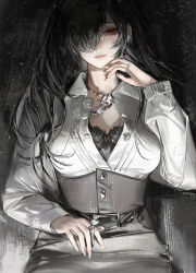 1girl absurdres belt black_belt black_bra black_hair black_skirt bra breasts chess_piece closed_mouth commentary duoqing_tie_ban_shao ear_piercing hair_over_one_eye high-waist_skirt highres holding holding_chess_piece jewelry long_hair long_sleeves medium_breasts nail_polish necklace original piercing red_nails shirt skirt solo underwear white_shirt