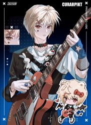 1boy absurdres animal_ears asymmetrical_clothes bat_wings belt_collar black_collar black_pants blonde_hair bow chibi chibi_inset chinese_commentary closed_mouth collar commentary_request crew_neck demon_tail fingernails glove_cutout guitar hair_bow hello_kitty hello_kitty_(character) highres holding holding_guitar holding_instrument hunter_x_hunter instrument jewelry kemonomimi_mode kurapika looking_to_the_side male_focus multiple_necklaces music necklace pants playing_guitar playing_instrument ppttppff red_bow red_eyes ring safety_pin sample_watermark sanrio shirt short_hair sideways_glance star_(symbol) sticker sticker_on_face tail upper_body watermark white_shirt wings