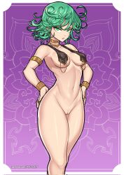 1girl armlet bottomless bracelet breasts choker cleft_of_venus female_focus green_eyes green_hair hands_on_own_hips highres jewelry looking_at_viewer matching_hair/eyes medium_breasts navel one-punch_man pussy redjet ring short_hair solo tatsumaki
