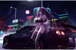 1girl absurdres black_thighhighs blunt_bangs breasts building car car_keys choker city cityscape cleavage closed_mouth commentary commission english_commentary exhaust exhaust_pipe full_moon gloves hair_ornament hand_on_own_hip highres holding jacket jacket_partially_removed kcar66t lamppost large_breasts license_plate long_hair long_sleeves looking_at_viewer mole mole_under_eye moon motor_vehicle navel night night_sky nissan nissan_gt-r original outdoors ponytail purple_choker purple_gloves purple_hair red_eyes ryoko_yamaguchi sky skyscraper solo spoiler_(automobile) sports_car star_(symbol) star_hair_ornament thighhighs very_long_hair white_jacket