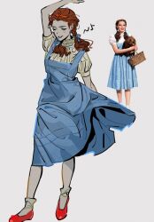 1girl arm_up blue_dress brown_hair closed_eyes commentary dorothy_gale dress eighth_note english_commentary low_twintails musical_note pankepen photo_inset puffy_short_sleeves puffy_sleeves red_shoes reference_inset shoes short_sleeves solo the_wizard_of_oz twintails