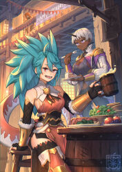 Rule 34 | 2girls, ahoge, alcohol, banner, bare shoulders, barrel, beer, beer mug, black gloves, blue hair, boots, breasts, cake, cleavage, cup, dark-skinned female, dark skin, dragon girl, dragon horns, dragon tail, eating, elbow gloves, fingerless gloves, food, fork, fruit, gloves, grey hair, hair between eyes, happy birthday, highres, holding, holding cup, holding fork, holding plate, horns, indoors, large breasts, long hair, meat, mug, multiple girls, nagi itsuki, nail polish, open mouth, original, pelvic curtain, pennant, plate, ponytail, purple eyes, red eyes, sharp teeth, short hair, single horn, sitting, smile, stool, string of flags, tail, teeth, thighhighs, vambraces, very short hair, white hair