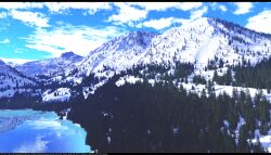 Rule 34 | blue sky, cloud, cloudy sky, commentary, commentary request, day, english commentary, fir tree, forest, highres, lake, mixed-language commentary, mountain, nature, no humans, original, outdoors, photorealistic, realistic, reflection, reflective water, scenery, shadow, sky, snow, sunlight, trbrchdm, tree, water