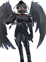 1girl alternate_costume alternate_headwear_color bird_wings black_gloves black_hat black_kimono black_mask black_wings brown_hair commentary_request feathered_wings fingerless_gloves gauntlets gloves hat highres holding holding_knife japanese_clothes kimono knife konton_hakusai leg_armor long_sleeves looking_at_viewer mask mouth_mask ninja pointy_ears pom_pom_(clothes) red_eyes reverse_grip shameimaru_aya sheath sheathed short_hair simple_background solo sword tokin_hat touhou weapon white_background wings
