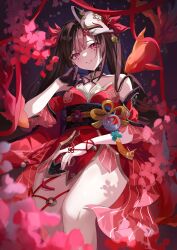 1girl absurdres bare_shoulders bell black_sash breasts brown_gloves brown_hair chinese_commentary commentary_request cowboy_shot dress facial_mark flower gloves half_gloves highres honkai:_star_rail honkai_(series) jingle_bell long_hair looking_at_viewer mask mask_on_head medium_breasts o-ring obi partial_commentary pink_eyes pink_flower red_dress red_flower red_ribbon ribbon rope sash seigaiha short_dress single_glove single_half_glove smile solo sparkle_(honkai:_star_rail) xuan_xuan_xuan_za