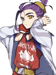 1boy black_hair closed_mouth gloves hands_up highres jacket kieran_(pokemon) long_sleeves looking_at_viewer male_focus multicolored_hair nintendo open_clothes open_jacket orange_eyes poke_ball_print pokemon pokemon_sv purple_hair red_gloves red_tank_top simple_background single_glove solo tank_top upper_body white_background white_jacket x_inaire_00