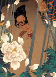 1boy arms_up black_hair dark-skinned_male dark_skin flower golden_kamuy highres holding holding_sword holding_weapon koito_otonoshin long_sleeves looking_at_viewer male_focus military military_uniform reman_kamuy solo sword thick_eyebrows upper_body weapon