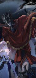 Rule 34 | 1boy, 1girl, cape, chinese text, closed mouth, commentary, commission, dark background, dress, elden ring, elden ring: shadow of the erdtree, english commentary, feet out of frame, fingernails, forehead protector, green eyes, height difference, helmet, heterochromia, highres, holding, holding weapon, looking back, looking down, messmer the impaler, one eye closed, pink hair, red cape, red snake, sharp fingernails, snake, snake wrapped around leg, tarnished (elden ring), translation request, tworain w, user interface, weapon, white dress, winged helmet, yellow eyes