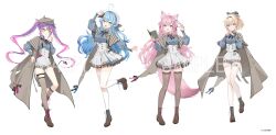 4girls absurdres ahoge animal_ears aqua_eyes asymmetrical_legwear beret blue_hair book boots brown_boots closed_mouth coat elf fishnet_socks fishnet_thighhighs fishnets full_body green_eyes hakui_koyori hat highres holding holding_book hololive kazama_iroha kneehighs long_hair long_sleeves looking_at_viewer medium_hair multiple_girls official_art open_clothes open_coat open_mouth pink_hair pointy_ears ponytail purple_hair sample_watermark simple_background skirt smile socks standing standing_on_one_leg tail thighhighs tokoyami_towa twintails uneven_legwear virtual_youtuber watermark white_background white_skirt white_thighhighs wolf_ears wolf_girl wolf_tail yellow_eyes yu-ri_(arium047) yukihana_lamy zettai_ryouiki