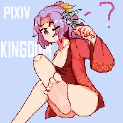 1girl barefoot blush crossed_legs feet highres kingdom_(user_ysav4824) komakusa_sannyo long_hair looking_at_viewer one_eye_closed pixel_art ponytail purple_hair red_eyes soles toes touhou