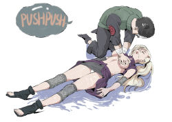 1boy 1girl absurdres artist_request asphyxiation blonde_hair breasts breasts_out character_request clothes_lift cpr drowning dutch_angle english_text full_body heart_attack highres kneeling long_hair lying medium_breasts miniskirt naruto naruto_(series) on_back panties pantyshot shirt_lift simple_background skirt speech_bubble underwear wet white_background white_panties yamanaka_ino