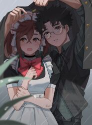 Rule 34 | 1boy, 1girl, apron, arms up, ayase momo, bare arms, belt, belt buckle, black choker, black dress, black hair, black jacket, black vest, blush, bow, bowtie, brown eyes, brown hair, buckle, choker, commentary, covering head, dandadan, dress, frilled hairband, frills, glasses, grey shirt, hair between eyes, hairband, highres, improvised umbrella, jacket, maid, maid apron, maid headdress, official alternate costume, open mouth, parted lips, puffy short sleeves, puffy sleeves, rain, red bow, red bowtie, round eyewear, shared improvised umbrella, shirt, short hair, short sleeves, sweatdrop, symbol-only commentary, takakura ken (dandadan), twintails, unworn jacket, upper body, vest, white apron, white hairband, wolf6481