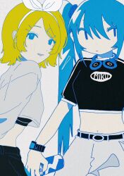 2girls alternate_costume aqua_eyes artist_collaboration belt belt_buckle black_belt black_shirt blonde_hair blue_eyes blue_hair bow bracelet buckle can clothes_writing cowboy_shot crop_top cropped_shirt drink_can expressionless hair_bow hair_ornament hair_ribbon hairband hairclip half-closed_eyes hatsune_miku headphones highres izumi_0119yc jewelry kagamine_rin long_hair looking_at_viewer looking_to_the_side medium_hair midriff multiple_girls navel pants parted_lips ribbon sailor_collar shirt short_hair short_sleeves sideways_glance smile soda_can soyacomu standing swept_bangs twintails very_long_hair vocaloid watch white_bow white_hairband white_pants white_ribbon white_shirt wristband |_|