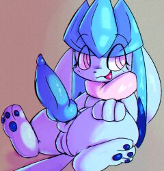 1boy :3 animal_ears animal_penis animal_sexualization blue_fur commentary english_commentary erection furry gen_4_pokemon glaceon happy knotted_penis lodetail male_focus nintendo open_mouth penis pink_eyes pokemon pokemon_(creature) precum simple_background sitting smile solo spread_legs tail testicles uncensored