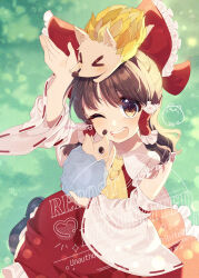 Rule 34 | &gt; &lt;, 1girl, animal, animal on head, ascot, bow, brown eyes, brown hair, chrono ark, commentary request, commission, crossover, detached sleeves, frilled bow, frilled hair tubes, frills, hair bow, hair tubes, hakurei reimu, hedgehog, highres, holding, holding animal, kudamono25253, long hair, looking at viewer, on head, one eye closed, open mouth, red bow, red skirt, ribbon-trimmed sleeves, ribbon trim, skeb commission, skirt, skirt set, smile, touhou, twitter username, watermark, yellow ascot